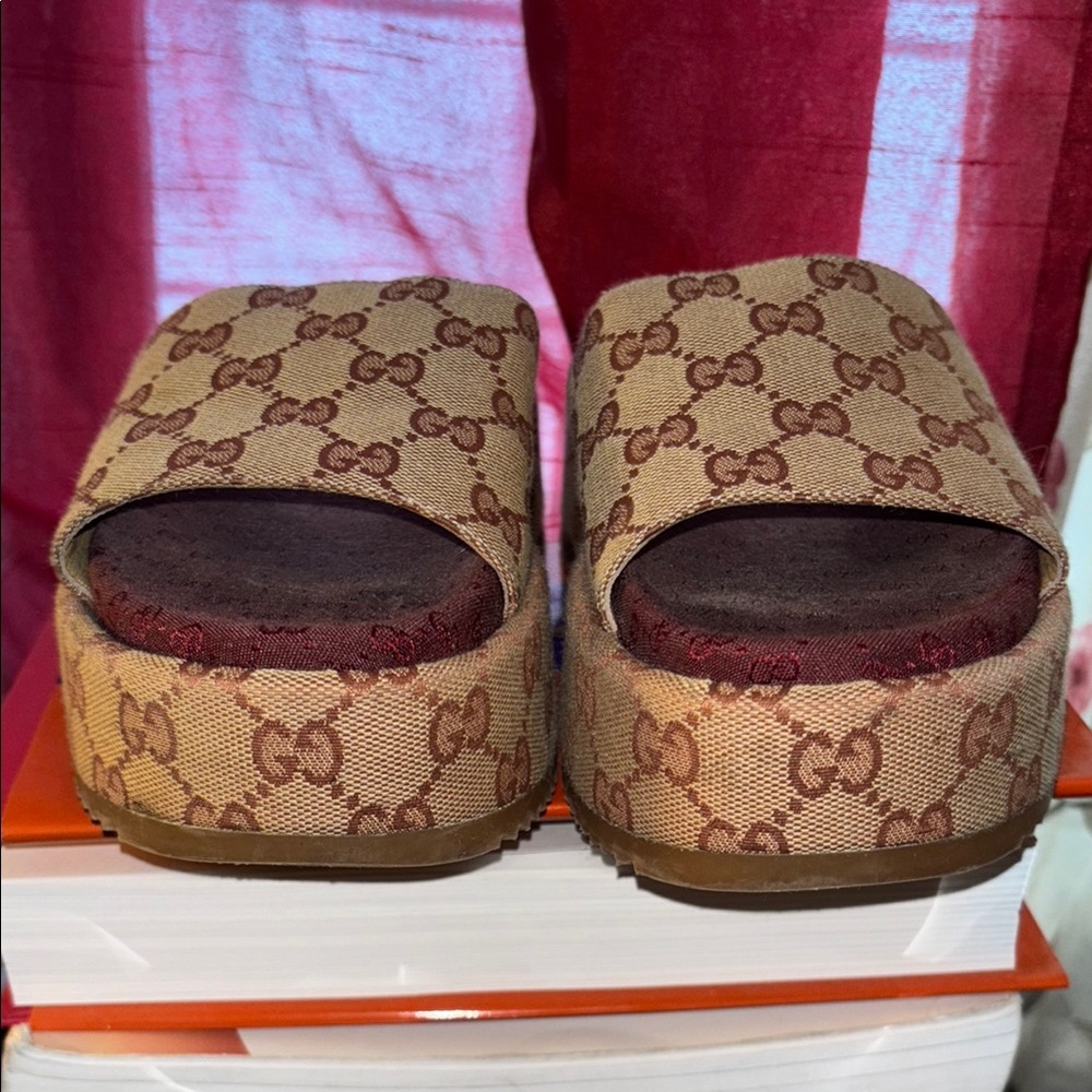 Gucci Platform Brown Monogram Slide Sandals